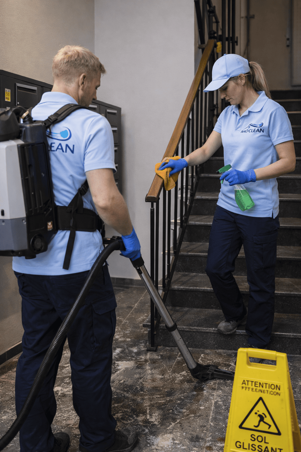 Nettoyage de parties communes d'immeuble par l'équipe Nao Clean