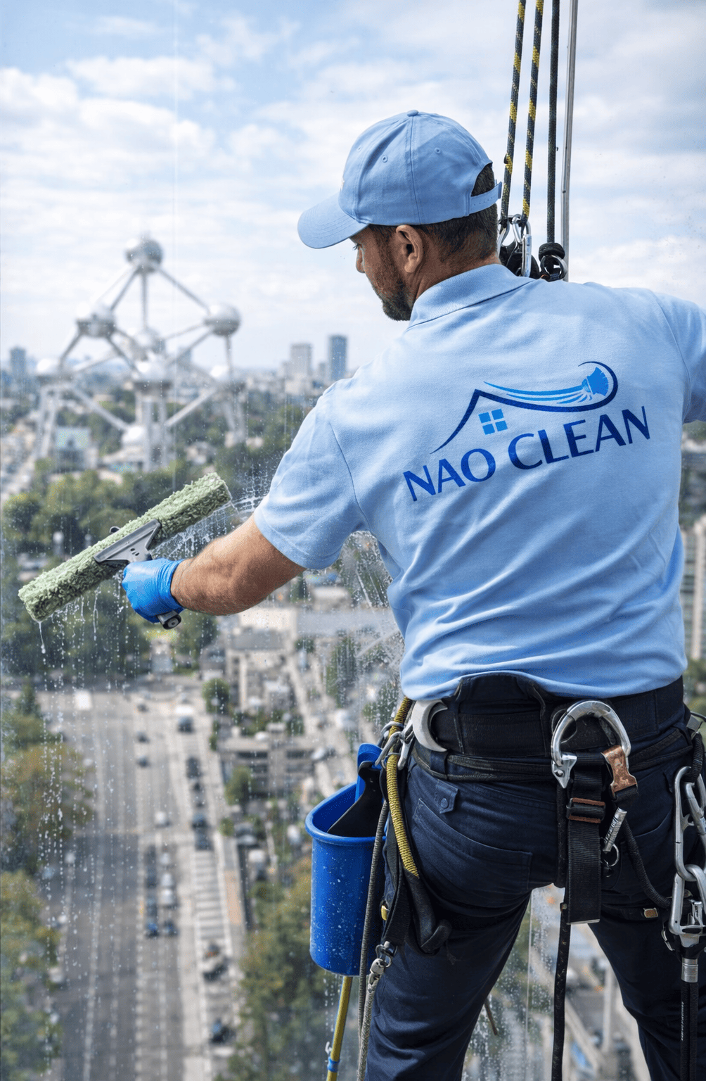 Nettoyeur de vitres Nao Clean en hauteur avec vue sur l'Atomium de Bruxelles