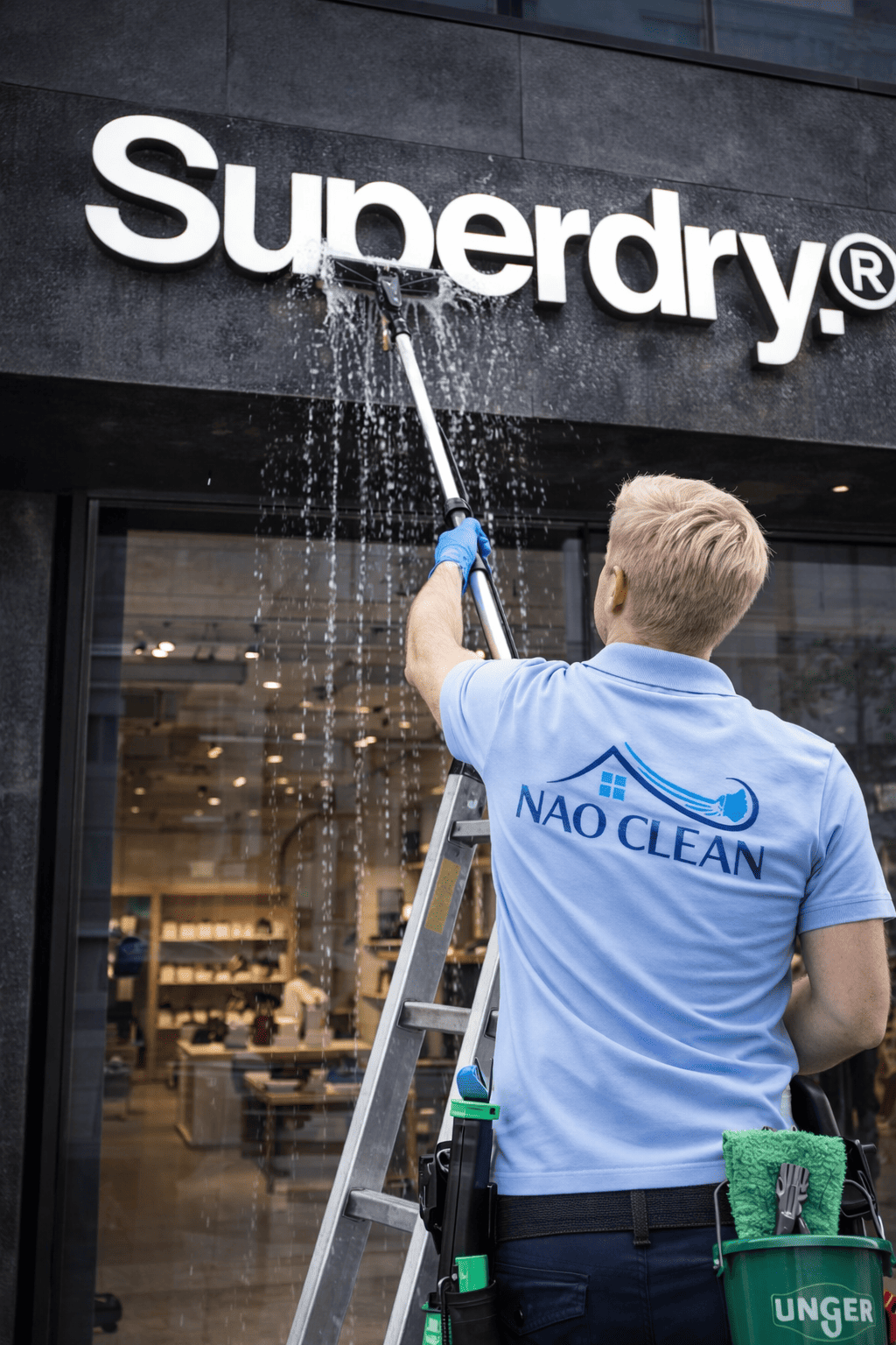 Nettoyage de la vitrine Superdry à Bruxelles par Nao Clean